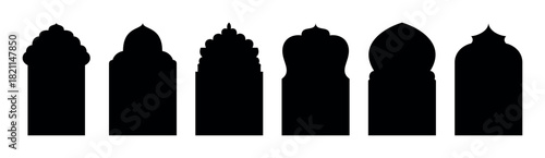 Collection of oriental style. Islamic vector shapes of a window or door arch, mosque gate. Islamic arabesque pattern. Arab frame set on transparent background. Ramadan Kareem silhouette icon set