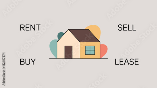 A simple illustration of a house surrounded by words like rent, buy, sell, and lease.