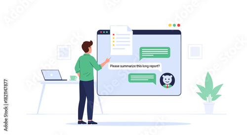 A person interacts with an advanced AI chatbot on a web browser, efficiently summarizing a lengthy report for enhanced productivity and information management.