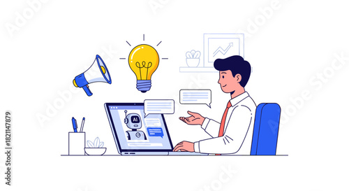 A professional is actively engaging with an AI chatbot on a laptop, surrounded by symbols of marketing, innovative ideas, and effective communication strategies.