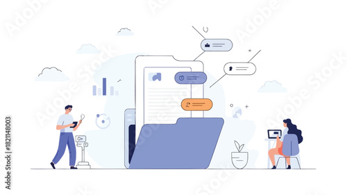 Abstract digital illustration depicting a smart folder with automated tagging and data organization featuring a modern clean design with vibrant color accents and clear typography