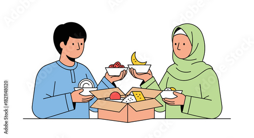 A compassionate man and woman are carefully packing essential food items into a donation box, symbolizing community support and charitable giving.