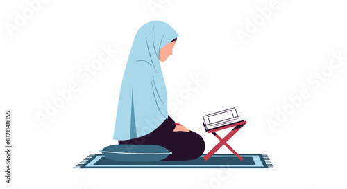 A Muslim woman in a hijab kneels on a prayer mat, devoutly reading the holy Quran from a rehal, embodying peace and spiritual contemplation.