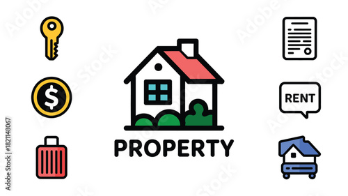 A collection of icons representing property, rent, and real estate.