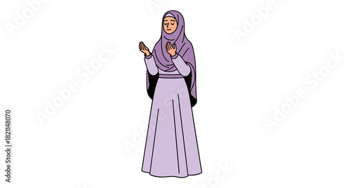 A serene young Muslim woman in a purple hijab and modest dress stands gracefully, engaging in a moment of thoughtful prayer or contemplation.