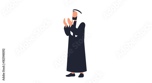 A devout Muslim man in traditional attire engages in a solemn prayer, reflecting deep faith and spiritual devotion in a clean, modern vector illustration.