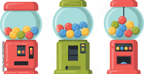 Three colorful gumball machines filled with bright candy balls.