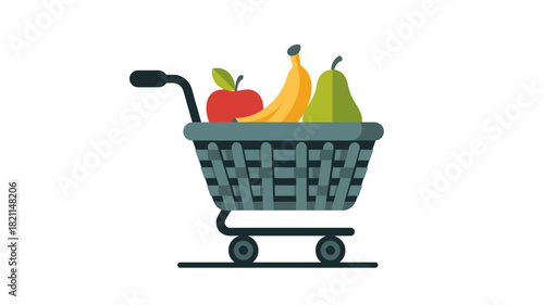 A shopping cart filled with colorful fruits like apples, bananas, and pears.