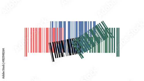 Three overlapping barcodes in red, blue, and green hues create a modern abstract design.
