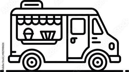 A simple line drawing of an ice cream truck on a white background.