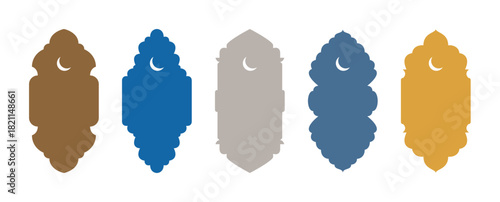 Vector Islamic window arch collection with Moroccan, Arabic, Turkish design. Mosque gate shapes, crescent, lanterns. Editable icons for social media, labels, and promotions. Isolated on transparent