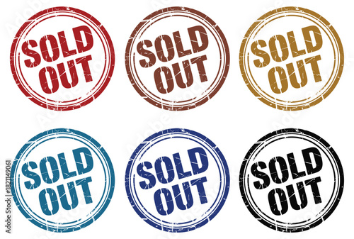 Six circular stamps, each displaying the words 'SOLD OUT' in bold lettering.