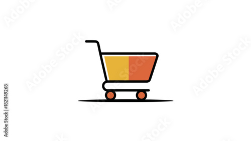 A simple shopping cart icon with orange and yellow sections rests on a thin black line.