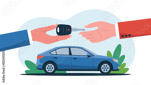 A hand exchanges car keys with another person over a blue sedan.
