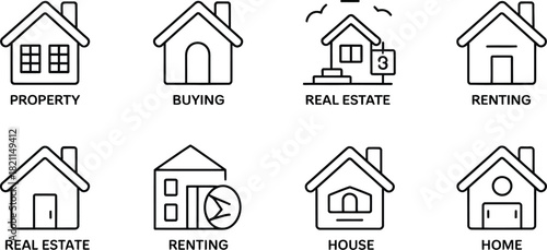 A collection of simple outline icons representing houses and real estate concepts.
