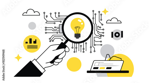 Flat design illustration of a human hand holding a magnifying glass symbolizing discovery and research