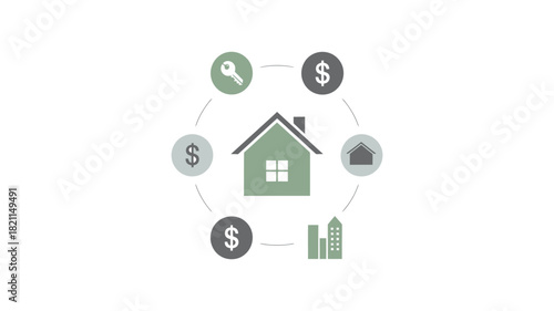 A house icon is surrounded by dollar signs, a key, and building icons in a circular arrangement.