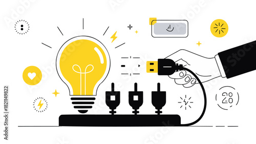 Flat design illustration of a modern lightbulb with a usb connection for technology and innovation concepts