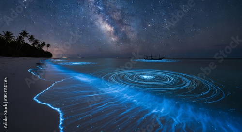 Fototapeta Naklejka Na Ścianę i Meble -  Bioluminescent waves on a beach under the milky way at nighttime