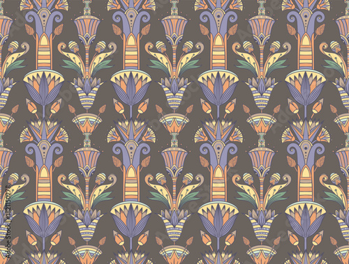 Seamless vector pattern of an ancient Egyptian lotus flower. Hand-drawn retro design in earthy tones, inspired by Egyptology and traditional ornamental motifs. Perfect for textiles, wallpaper, and