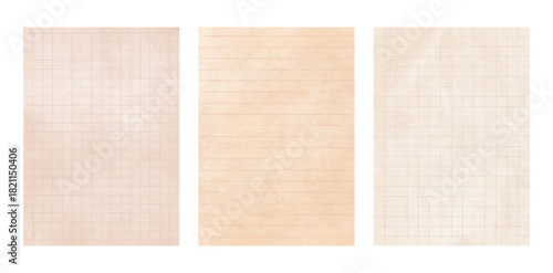 Retro vintage lined and grid checkered paper set, aged notebook sheet, beige stationery background, old texture writing pages template