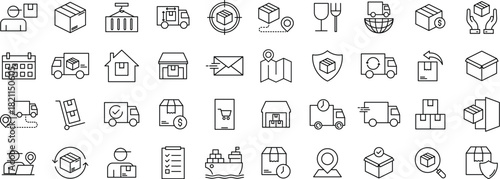 Shipping and Delivery Line icon set – Service, Cargo, Transportation, Deliver, and Courier Symbol in Outline Style