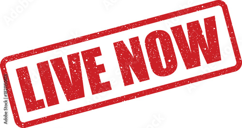 Distressed rectangular rubber stamp vector displaying LIVE NOW text for immediate streaming content notification indicator