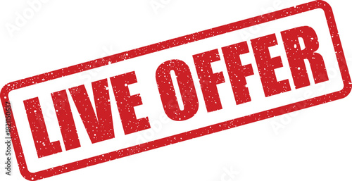 Distressed rectangular rubber stamp vector displaying LIVE OFFER text for immediate promotional deal announcement indicator