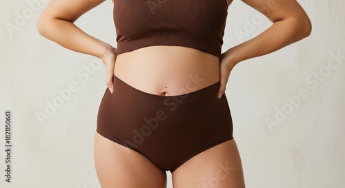 Stylish woman in a brown two-piece swimsuit posing confidently