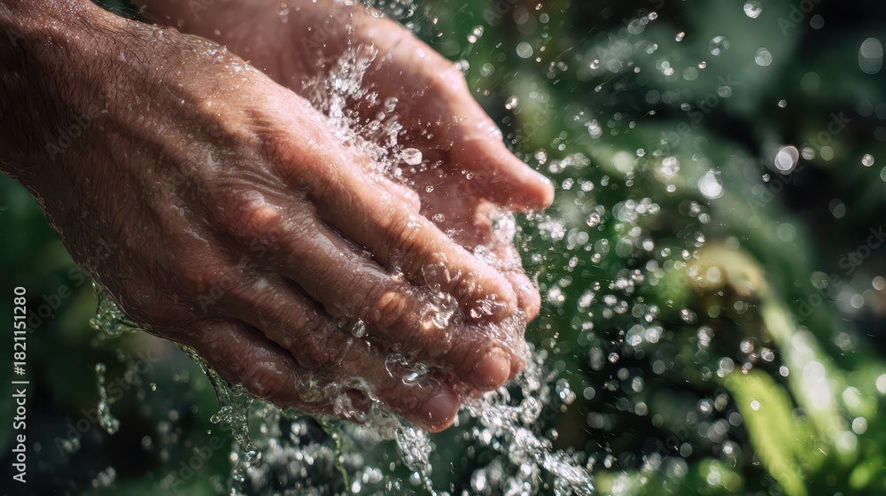 Fototapeta premium Cleansing Hands Outdoors: Effective Hand Sanitization in a Lush Garden Setting