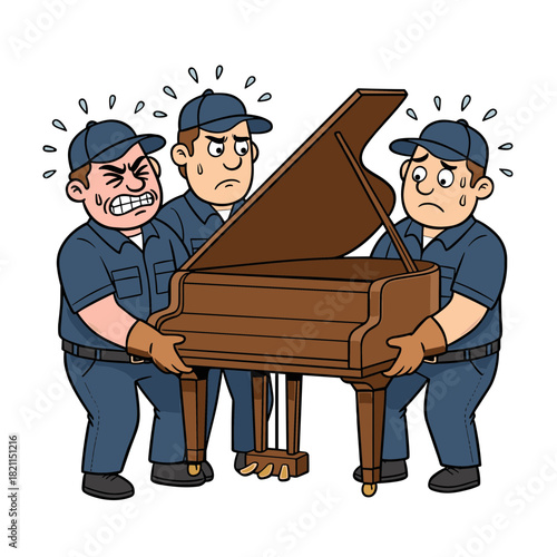 Cartoon movers struggling to carry a grand piano