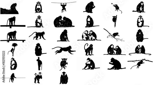 primate playbook dynamic monkey silhouettes embodying agility, interaction, and natural spirit, isolated on transparent background
