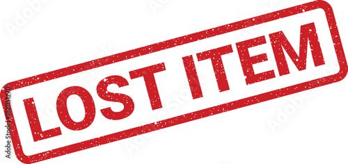 Distressed rectangular rubber stamp with bold text LOST ITEM indicating an objects status in inventory or tracking