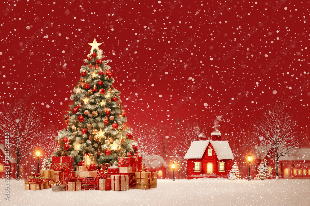 Fototapeta premium Magical Christmas Eve snowfall scene with vibrant decorated tree, wrapped gifts, and cozy cottage, perfect for holiday cards and festive winter promotions
