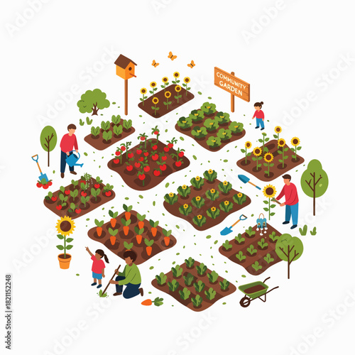 A Community Garden Illustration Showcasing Diverse Vegetable Crops and People Tending Plants