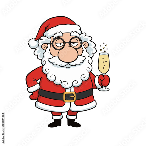 Santa Claus holding a champagne glass, cheerful cartoon illustration
