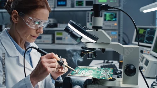 Scientist examining circuit board under microscope.