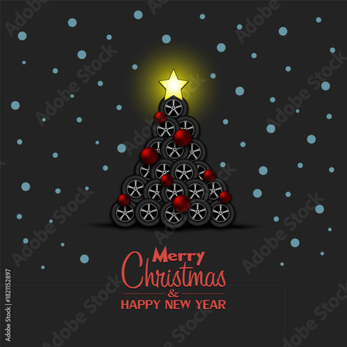 Merry Christmas and Happy New Year. Christmas tree made of car wheels. Snowflakes on the background. Greeting card design template with for new year. Vector illustration