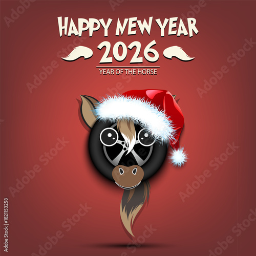 Happy New year. 2026 year of the horse. Cute muzzle horse in the form of a car wheel. Car wheel in the form of a horse. Greeting card design template. Vector illustration