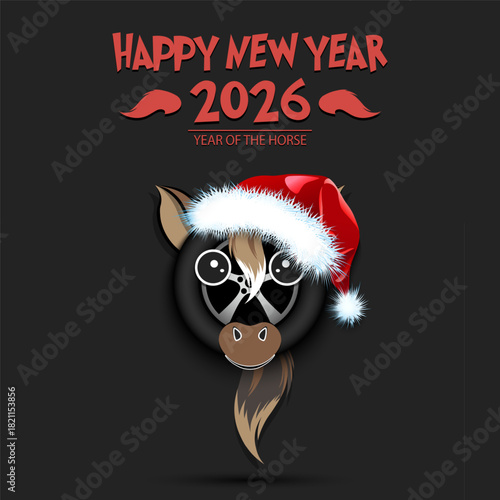 Happy New year. 2026 year of the horse. Cute muzzle horse in the form of a car wheel. Car wheel in the form of a horse. Greeting card design template. Vector illustration