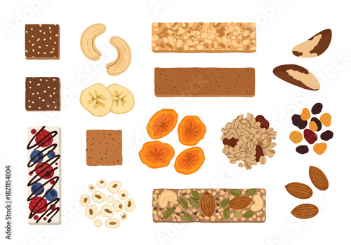 A colorful assortment of wholesome snacks, ranging from nut bars and granola to dried apricots, almonds, and banana chips, is arranged neatly on a white background