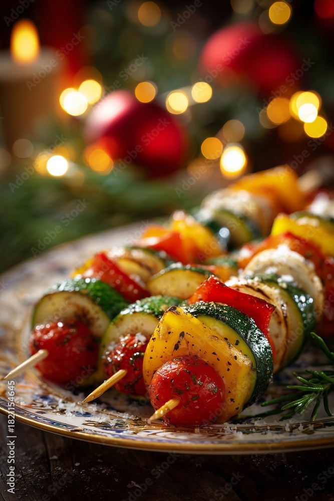 Obraz premium Vegetable skewers with star-cut peppers and zucchini slices rest on a festive plate under blurred holiday lights. Their bright colors add freshness to the Christmas table.
