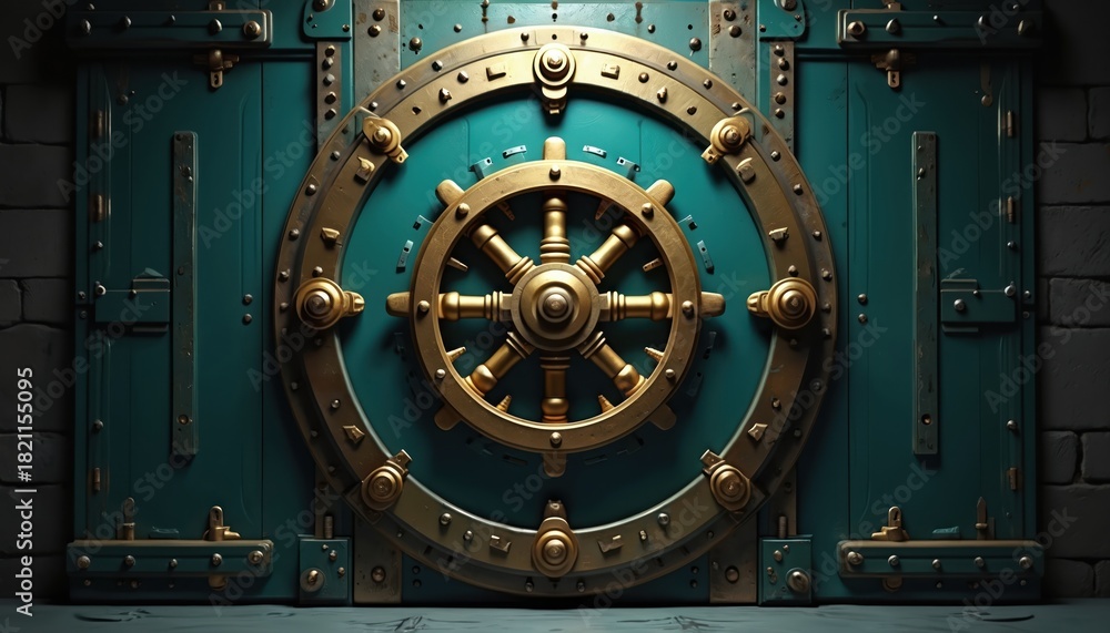 Fototapeta premium Closed teal bank vault door with golden steering wheel mechanism. Strong metal door secured with locks and rivets. Heavy safe interior, safety and finance concept.