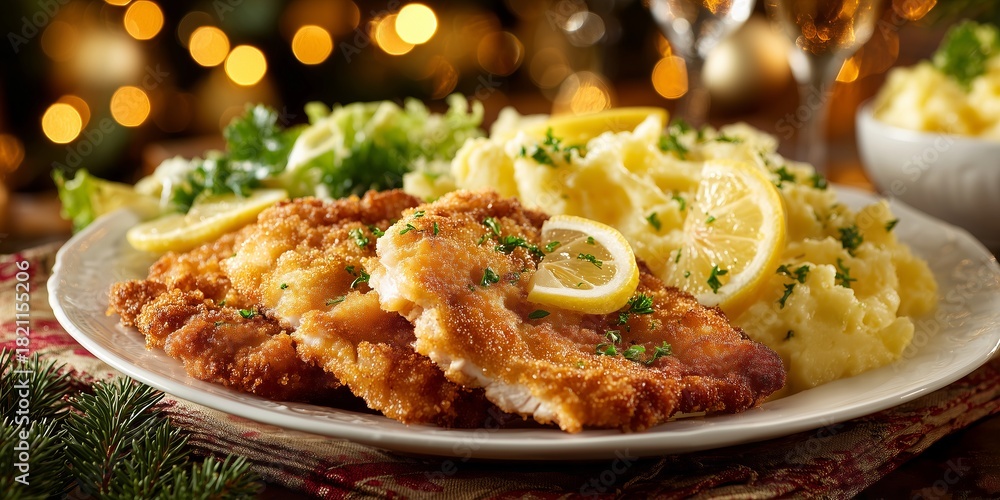 Obraz premium Golden crispy schnitzel served with potato salad and lemon slices rests on a festive tablecloth in warm Christmas light.
