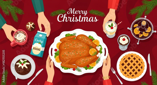  A vector illustration in a trendy retro style showing a table full of holiday food items for a Christmas or New Year celebration. Christmas Dinner On Table Top View. Christmas and New year invitation