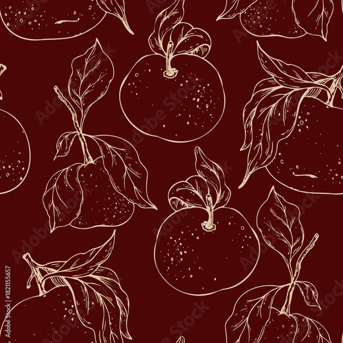 Hand-drawn line art seamless pattern with whole tangerines and citrus leaves. This minimalist graphic design is perfect for food packaging, kitchen textiles, recipe blogs and fresh juice labels.