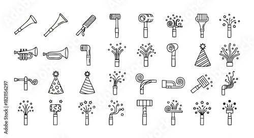 A collection of black and white line art icons depicting party favors, including horns, party hats, noisemakers, and confetti poppers arranged in rows.