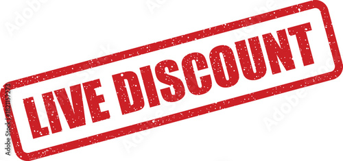 Distressed red rubber stamp impression with LIVE DISCOUNT text, prominently featured for active price reductions and sales