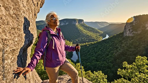 Senior woman hiking with scenic mountain view.