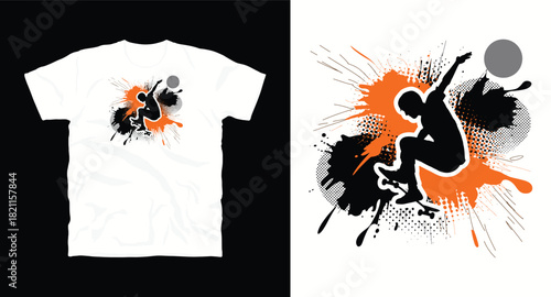 Skateboarder silhouette jumping on skateboard t-shirt design concept